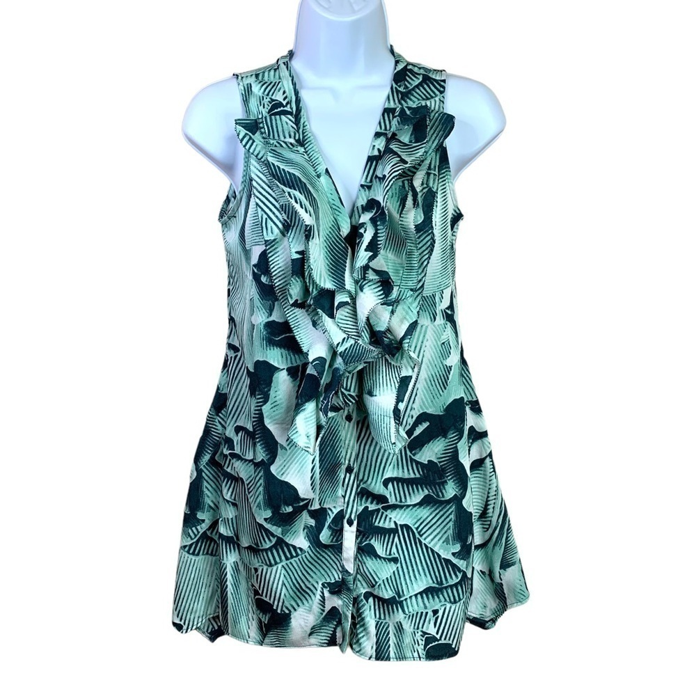 XS New York And Company Teal Green Black White Abstract Ruffle Button Down Tunic
